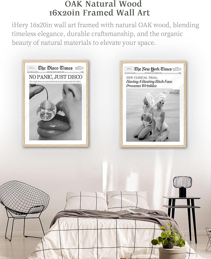 iHery No Panic Just Disco Framed Trendy NewsPaper Wall Art,Beige OAK Wood Large 16x20in Canvas Bedroom Wall Art Decor, Cherry Disco Ball Headline Magazine Poster For Dorm Living Room Home 1Pack