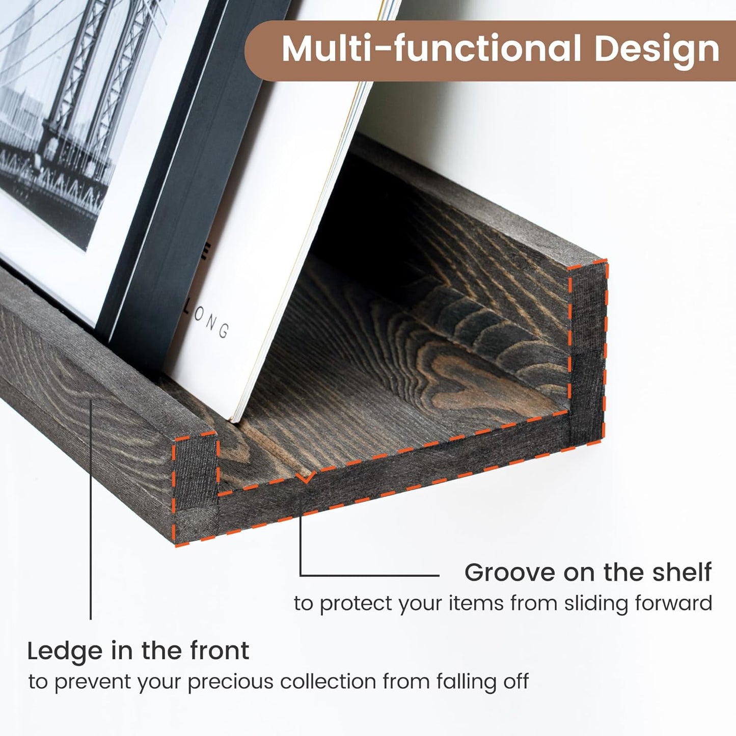 Picture Ledge Wall Shelves - Set of 3, 16 Inch Width, Solid Pine Wood Rustic Floating Ledge Shelves for Kids' Room, Bedroom, Kitchen, Bathroom, Living Room, Nursery Display Decor, Grey