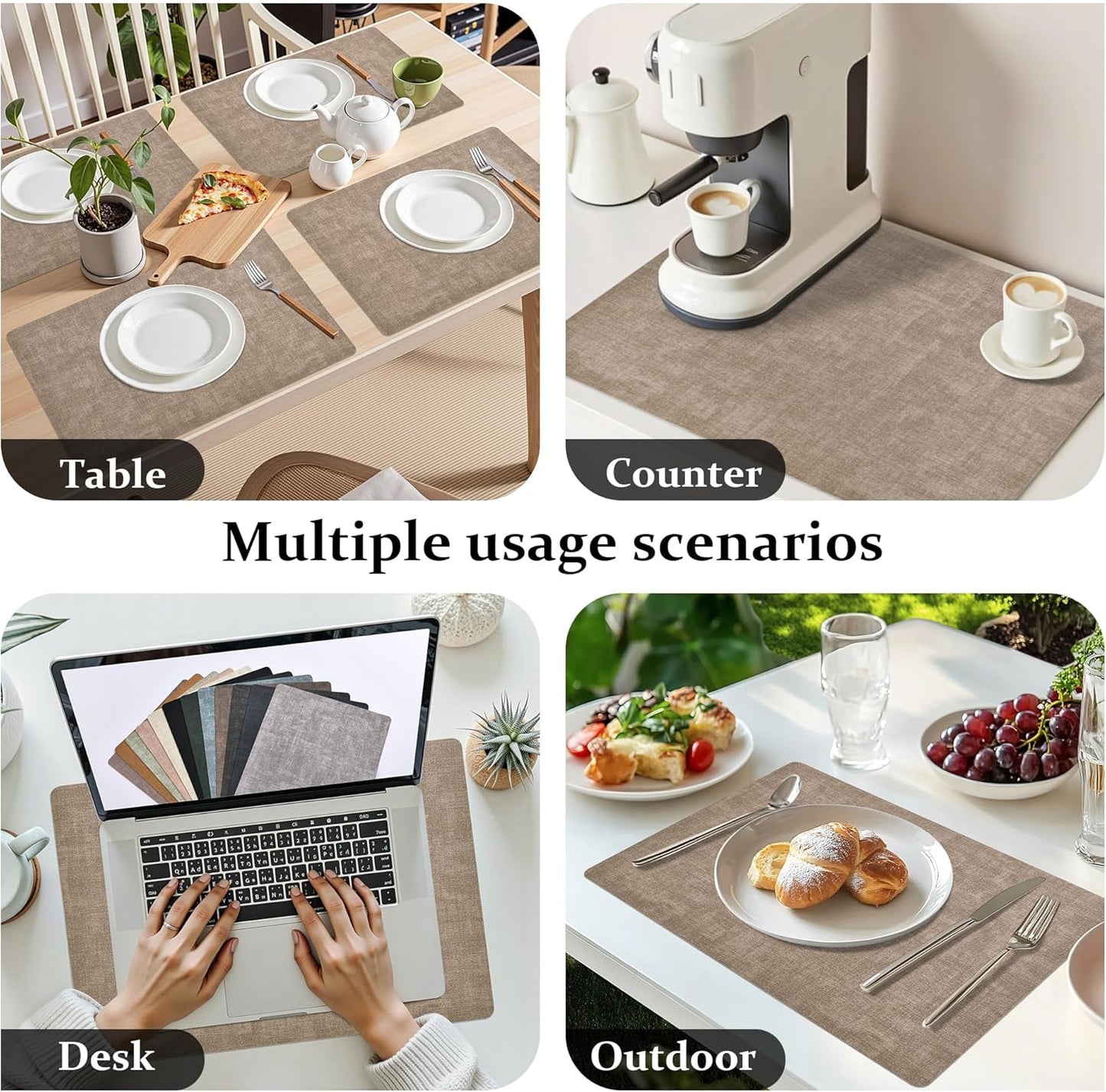 FROMHEART Faux Leather Placemats Set of 12–Waterproof,Heat/Oil Stain-Resistant PU Table Mat–Reversible,Non-Slip,Easy to Clean Place Mats for Kitchen,Dining,Indoor/Outdoor,(Light Coffee,11.8" x 17")