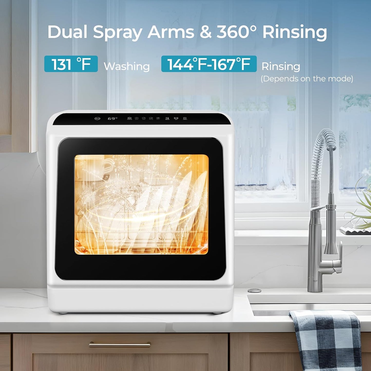 EUHOMY Countertop Dishwasher with 5L Built-in Water Tank& Inlet Hose Portable Mini Dishwashers with 6 Programs for Small Apartments, Dorms and RVs,High-Temp& Air-Dry Function, No Hookup Needed