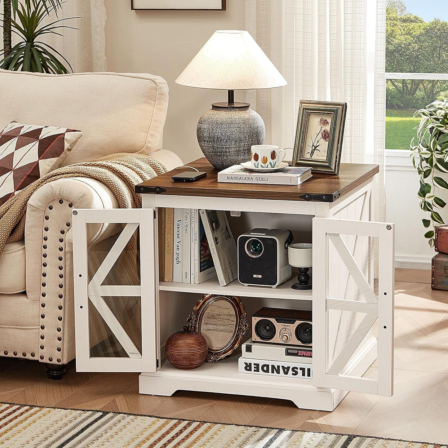 24" End Table Set of 2 with Charging Station, Farmhouse Night Stand with Glass Barn Door, Nightstands with Adjustable Storage Shelf, Large Wood Square Bed Side Table for Living Room,Bedroom