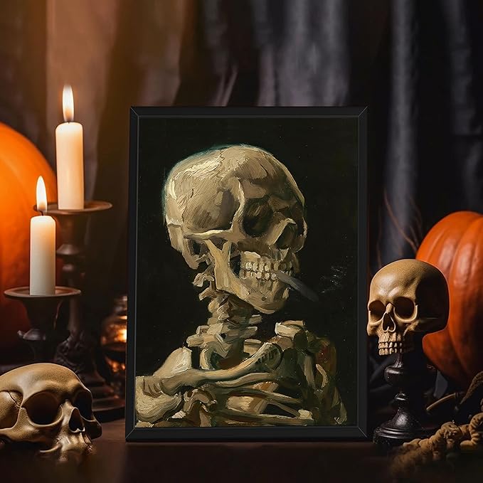 Framed Vincent Van Gogh Skull with Cigarette Canvas Wall Art - Skeleton Paintings Wall Decor, Post-Impressionism Gothic Picture Aesthetic for Halloween Decor Bedroom Living Room Artwork 16x24 inch