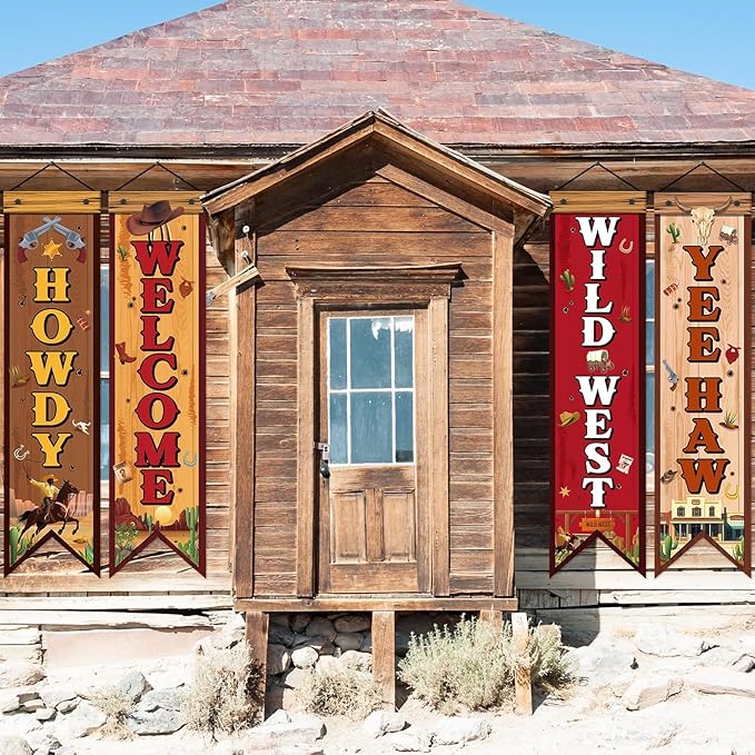 4 Pcs Western Cowboy Party Decorations Wild West Banner Howdy Yes Haw Welcome Hanging Decor Rustic Western Porch Sign Cowboy Rodeo Door Decorations for Bar Birthday Photo Props Vintage Party Supplies
