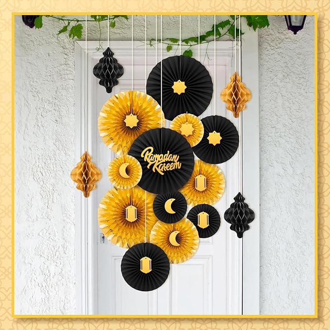 Epakh 29 Pcs Ramadan Decorations for Home Ramadan Hanging Paper Lantern Eid Wall Ceiling Decoration Honeycomb Paper Fan Eid Mubarak Home Decoration Birthday Wedding Party Supply(Black & Gold)
