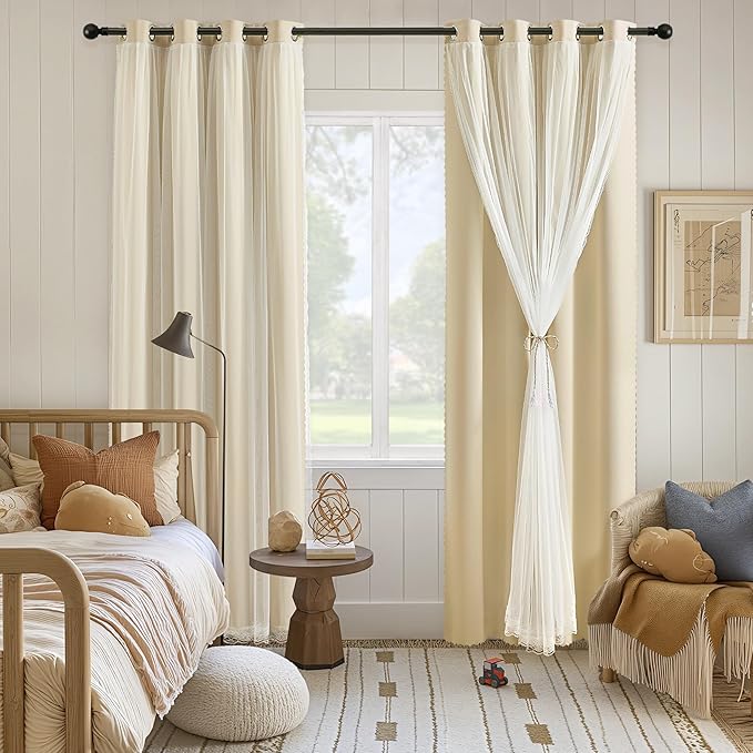 XiDi Beige Double Layer Curtains with Sheer Overlay for Girls Bedroom Living Room 2 Panels Beige Blackout Curtains 96 Inches Long for Kid Nursery Room Decor Thermal Insulated Grommet Drapes W34 x L96