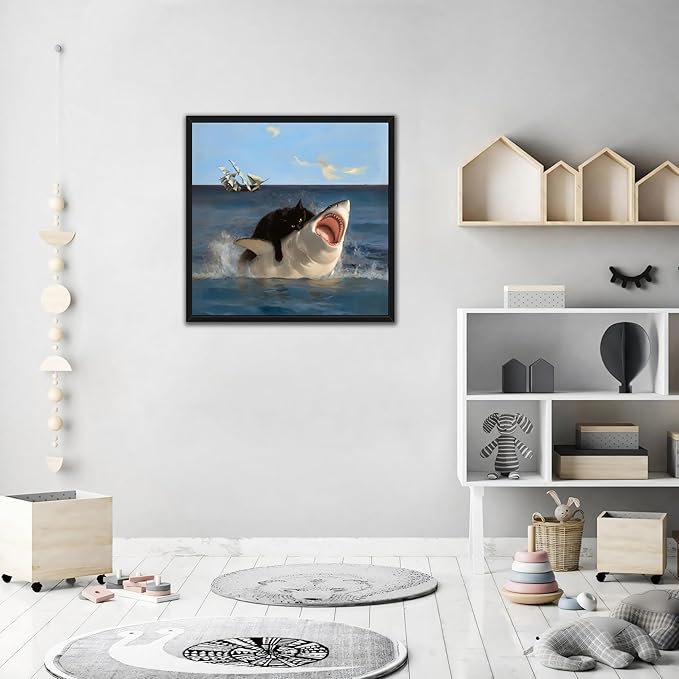Floating Framed Black Cat Wall Art, Funny Quirky Cat and Shark Pictures Canvas Print, Abstract Black Cat Shark Posters Wall Decor for Room Bedroom Living Room Bathroom Aesthetic 20x20 inch