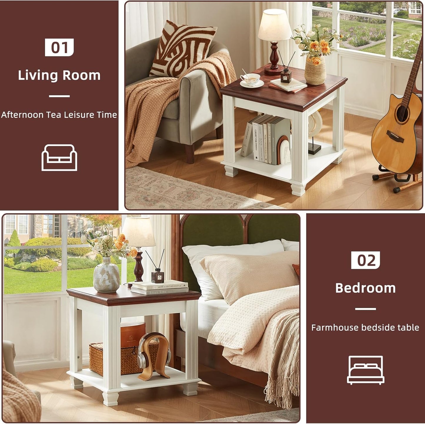Farmhouse End Table Set of 2,Large Side Table with 2-Tier Storage Shelf,Rustic Wood End Tables for Living Room,Square Tea Table,White