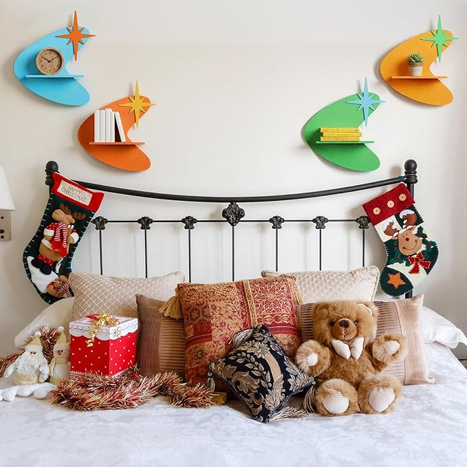 4 Pcs Mid Century Wall Decor Wooden Retro Celestial Star Shaped Burst Wall Art Mount Shelves for Aesthetic Hanging Storage Sign Decoration for Room Bedroom Party(Star-Shaped Burst)
