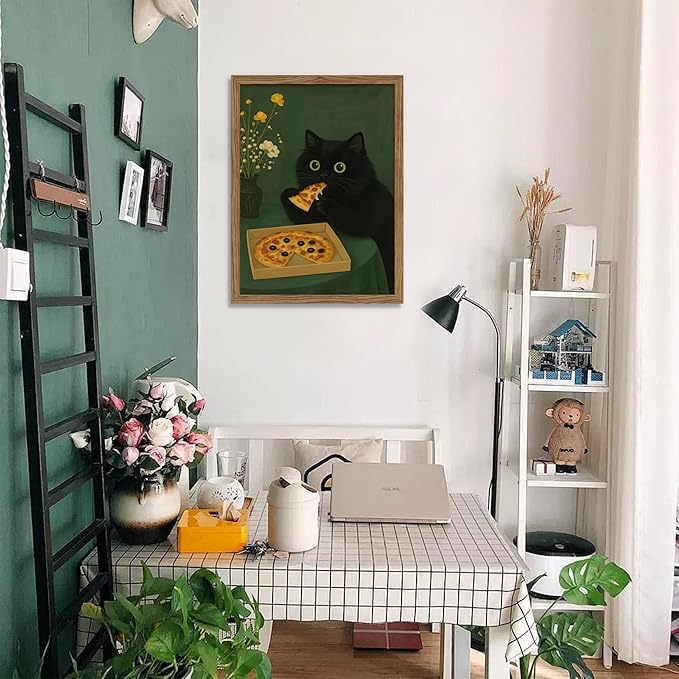 Framed Black Cat Wall Art, Cute The Cat Eating Pizza Canvas, Funny Kitchen Pictures Decor, Playful Food Lover Prints Artwork, Whimsical Animal Wall Decor for Kitchen Dining Room – 8x10 inch