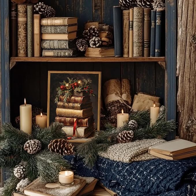 Framed Vintage Christmas Canvas Wall Art, Rustic Xmas Book Artwork Wall Decor Paintings, Retro Winter Holiday Pictures Prints Dark Academia Home Decor for Living Room Bedroom Libiary 12×16 inch