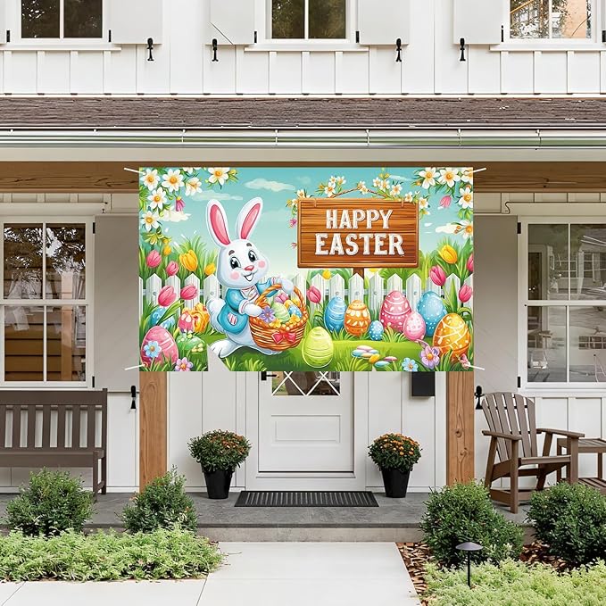Happy Easter Backdrop 71" X 43" Happy Easter Day Banner Easter Rabbit Party Decorations Easter Bunny Background
