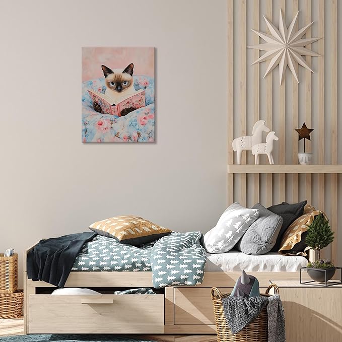 Framed Cat Reading Book Canvas Wall Art, Cute Pink Siamese Cat Wall Decor Print Painting, Funny Animal Lovers Picture for Bedroom Living Room Kids Room Girls Room Home Decor 12x16 Inch