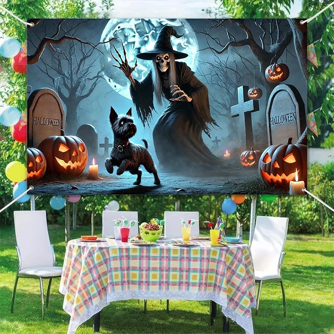 Halloween Witch Cemetery Banner 71x43 Inch Funny Dog and Skeleton Witch Banner Graveyard Wall Decor with Pumpkins and Moon for Spooky Trick or Treat Party Indoor Outdoor Decoration