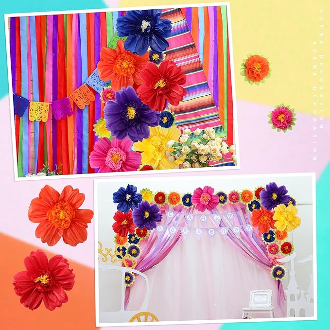 TaoBary Large Colorful Tissue Paper Flowers Giant Fiesta Paper Pom Poms Mexican Birthday Decorations for Wall Wedding Backdrop Centerpiece Party Supplies(20" and 10",Dark Blue, Purple, Red,24 Pcs)