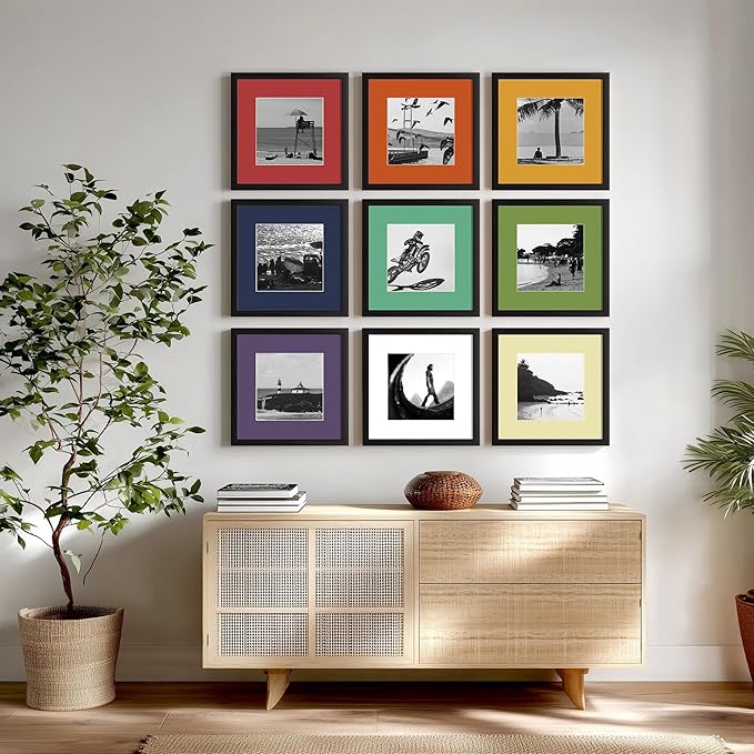 eletecpro 12x12 Picture Frames Set of 9 with Multi Colors Mats for 8x8 Photos or without Mat for 12x12, Square Gallery Wall Decor Collage for Picture Display, Black Frame Set for Wall Hanging