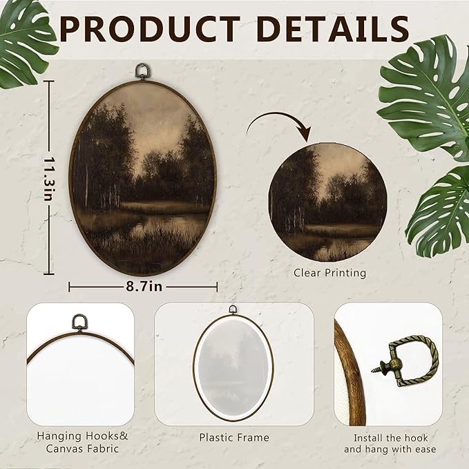 Gnmduw Vintage Moody Landscape Oval Wall Art Framed, Rustic Farmhouse Scene Canvas Prints Hanging Decorations, Antique Dark Scenery Wall Decor for Bedroom Living Room Bathroom, 8.7x11.3 Inch