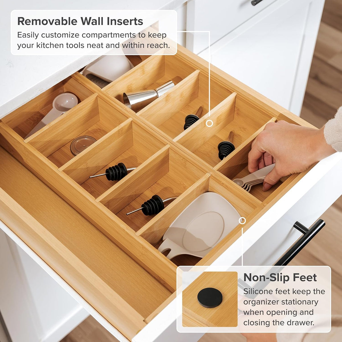 Premium Kitchen Utensils and Junk Drawer Organizer – Small 5-Compartment Design with 4 Removable Dividers, Non-Slip Feet, 100% Sustainable Bamboo, 2 Pack