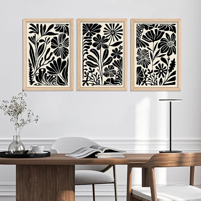 YWJKWLGS Black and White Abstract Floral Botanical Wall Art, 3 piece, 11x16 Inch, Vintage Boho Plant Flower Minimalist, Mid Century Print sign Frame for Bedroom Living Room Office (Wood)