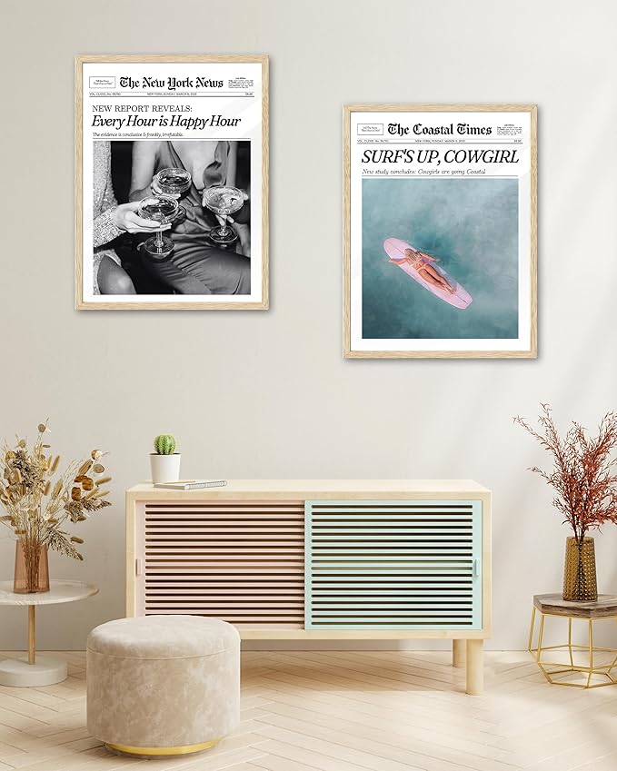 iHery Small Framed Coastal Trendy Cowgirl Wall Art Decor, Natural OAK Wood 8x10in Canvas Newspaper Retro Bedroom Wall Art,Surfer Up Vintage Bar Cart Home Decor For Dorm Living Room 1Pack