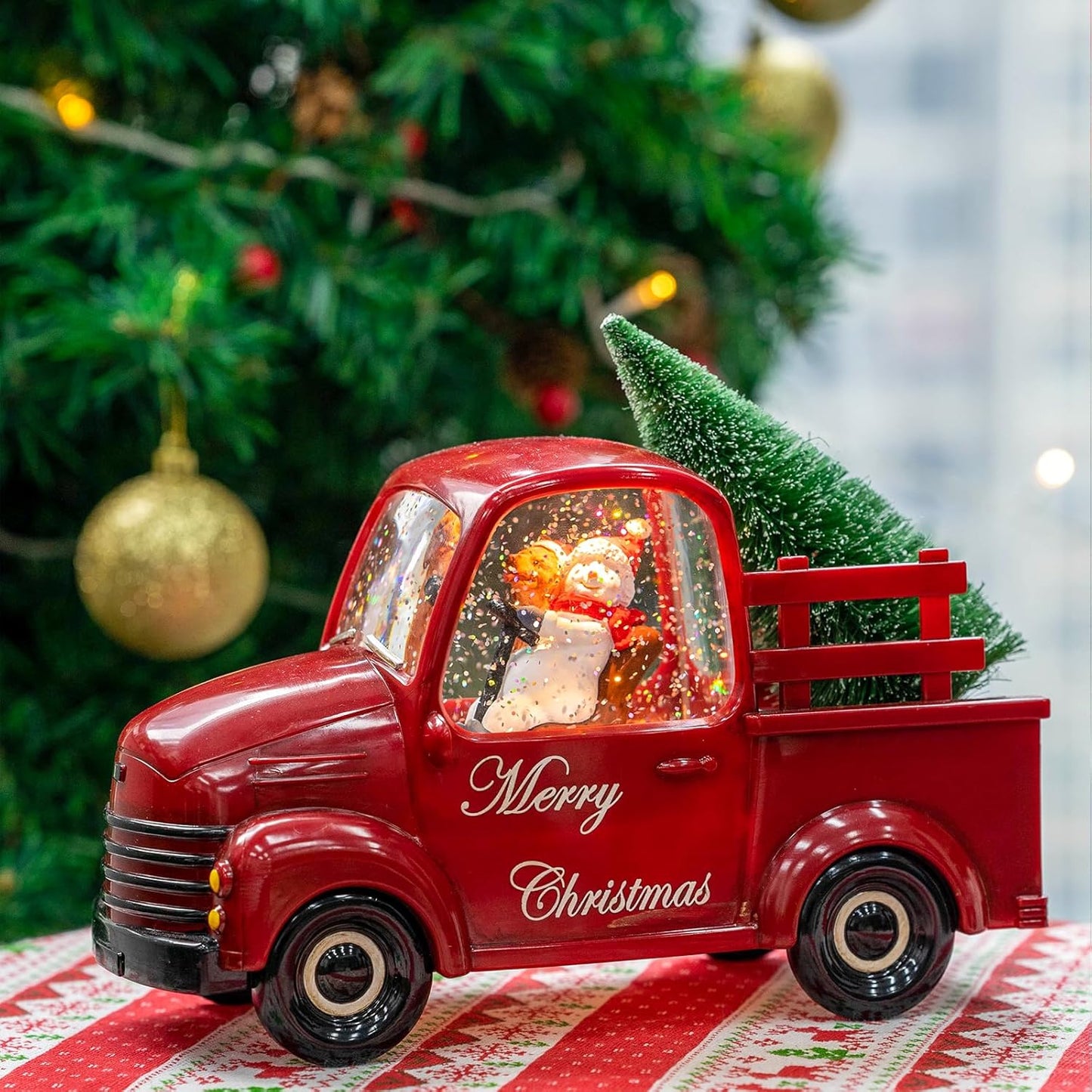 Christmas Snow Water Lantern Glittering Snowman and Pup in Red Truck with Christmas Tree, USB Lined/Battery Operated Lighted Spinning Lantern for Christmas Festival Decoration Gifts