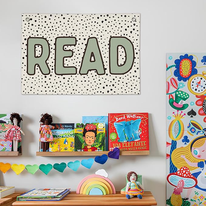 Classroom Decor, Sage Green Read Sign Banner, Dots Linen Canvas Wall Hanging Banner Flag Decor for Reading Corner Nook