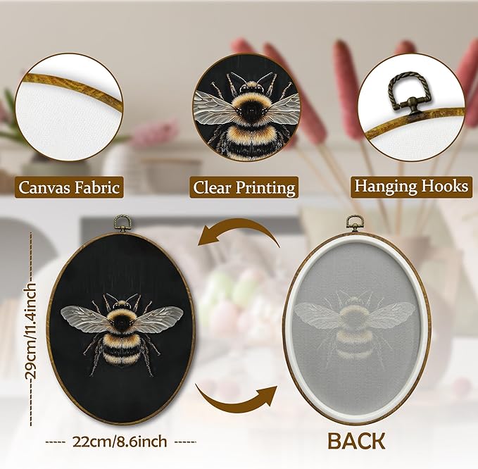 Mcehtle Vintage Bee Wall Art Decor, Moody Honey Bee Cottagecore Oval Framed Canvas Prints 8.6x11.4, Dark Academia Insect Round Wall Hanging Artwork Decorations for Gallery Bedroom Living Room