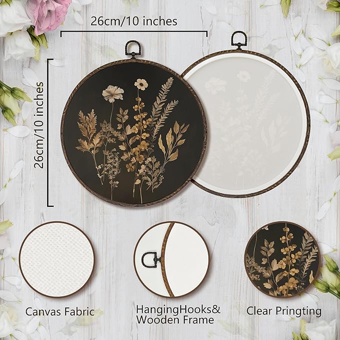 XNXLDYLH Vintage Black Dark Cottagecore Round Framed Wall Art Decor, Rustic Floral Hanging Wall Decor Decorations, Botanical Canvas Prints Wall Art Pictures Paintings for Farmhouse, 10x10 Inches