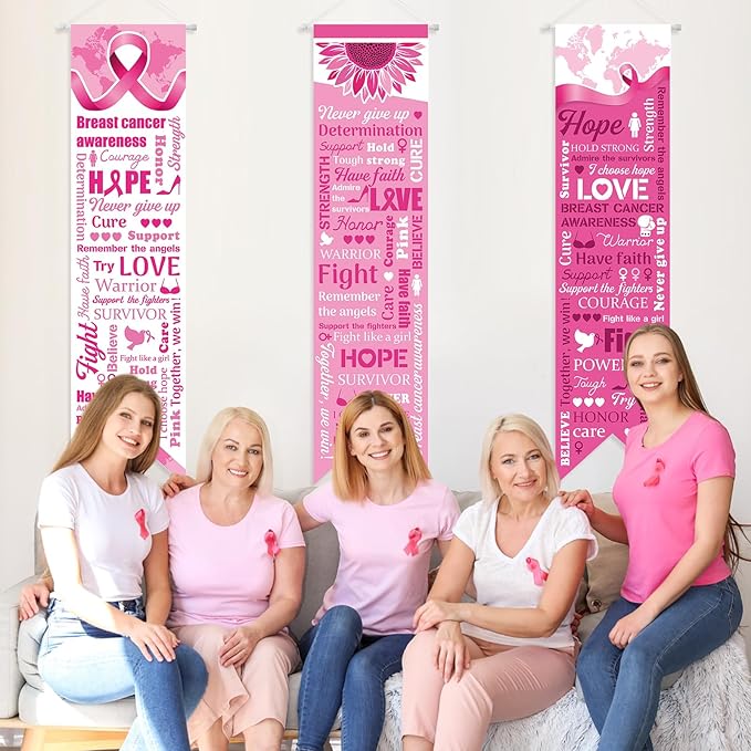 3 Pieces Breast Cancer Awareness Decorations Pink Ribbon Banners Porch Signs Awareness Ribbon Hanging Backdrops for Indoor Outdoor Breast Cancer Party Decor Supplies