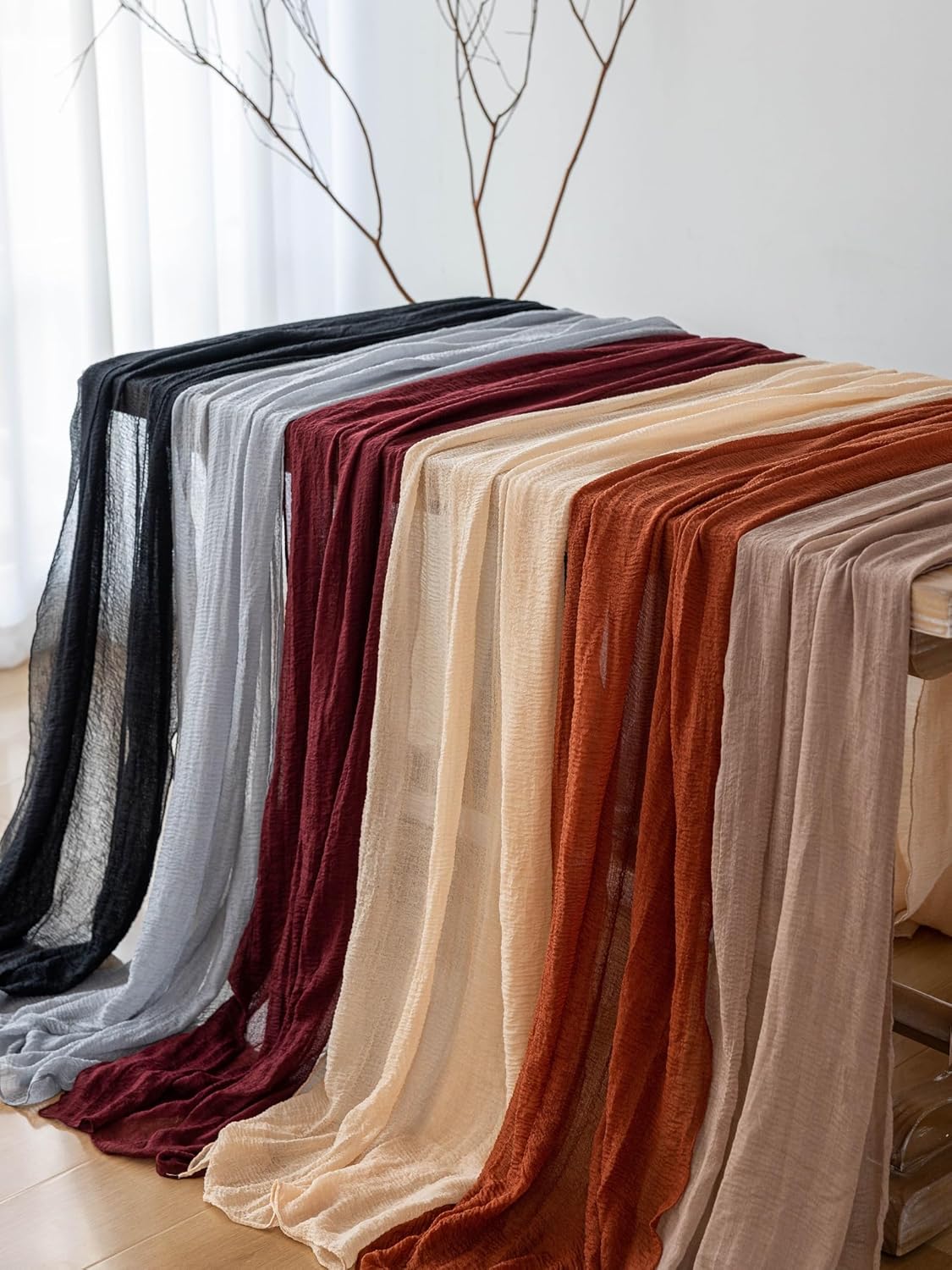 6pcs Nude Gauze Rustic Cheesecloth Table Runner 120 Inch 10 FT for Wedding Baby Shower Bridal Shower Birthday Engagement Garden Outdoor Party Long Sheer Boho Decorations