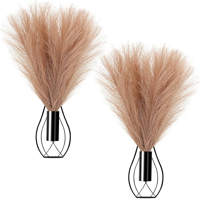 2 Pieces Hanging Plant Wall Decor with Artificial Pampas Grass Metal Hanging Vase Modern Geometric Farmhouse Bohemian Wall Art for Living Room Bedroom Kitchen Office (Black, Light Brown)