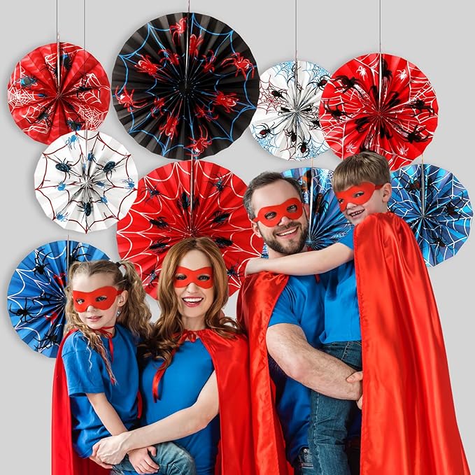 Outus 9 Pcs Spider Web Birthday Party Decorations Spider Paper Fans Party Decorations Red White Blue Black Hanging Ceiling Decor Wall Backdrop Garland Halloween Web Themed Birthday Supplies