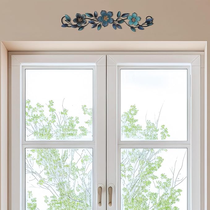 Wesiti Metal Flower Wall Decor Vintage Spring Metal Flower Wrought Iron Scroll Sculpture 15.7''x3.7'' Farmhouse Leaves Wall Decor with Nails for Spring Living Room Bedroom Indoor Outdoor(Blue)