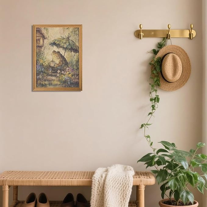 3D Textured Framed Vintage Frog Wall Art, Rustic Farmhouse Animal Wall Decor, Funny Frog with Umbrella Sandstone Painting, Whimsical Cottagecore Picture for Living Room Bedroom 16x24 Inch