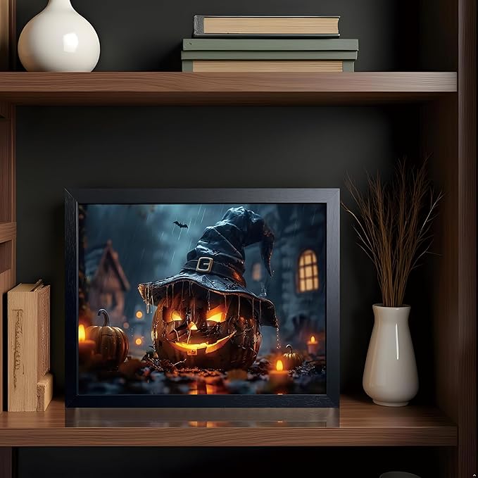 Wood Framed Dark Halloween Pumpkin Wall Art, Gothic Witch Hat Jack-o'-Lantern Canvas Print, Dark Academia Spooky Haunted House Poster Wall Art for Living Room Bedroom Room Aesthetics 8x10 inch