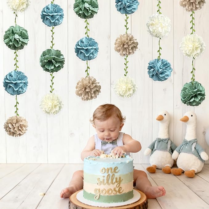 Sage Green Dusty Blue Khaki Beige Tissue Paper Flowers Pom Pom with Leaf Ribbon Hanging Garland Streamer for Birthday Baby Shower Wedding Engagement Silly Goose Themed Party Decorations Supplies
