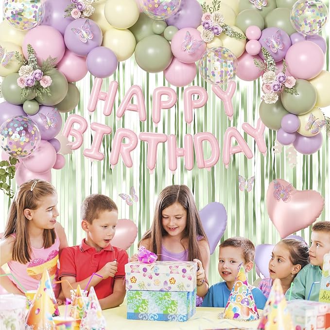 Wildflower Birthday Decorations, Sage Green Pastel Pink Purple Yellow Foil Confetti Balloons Happy birthday Banner Multicolor Butterfly Fringe Curtains Birthday Decorations for Baby Women Girls Teens