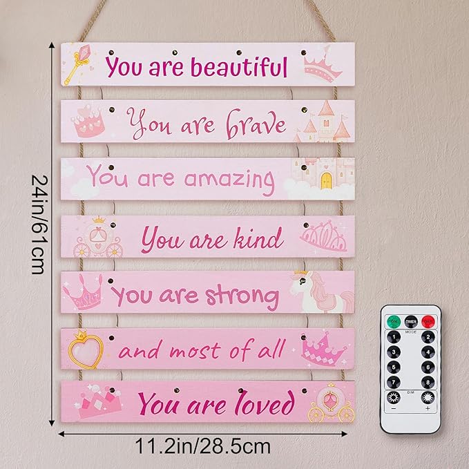 FIOBEE Girls Room Décor for Teen Girls Boys with LED Light Wall Decor for Bedroom Motivational Inspirational Wall Art Girl Room Decoration for Kids Studyroom, 8 Kinds of Lights, Pink Princess