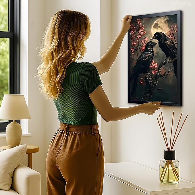 Vintage Framed Wall Art, Forest Gothic Decor, Dark Academia Celestial Moon Canvas Prints, Black Crow Cherry Blossom Painting Wall Decor for Living Room Bedroom – Black Wooden Frame 16x24 Inch