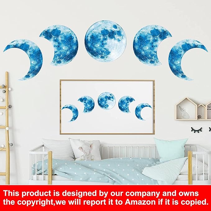 10Pcs Glow in The Dark Moon Wall Decals Large Luminous Space Planet Moon Phases Wall Sticker Glow in The Dark Stickers for Ceiling Removable Vinyl Boho Wall Decor for Kids Boys Girls Bedroom Nursery