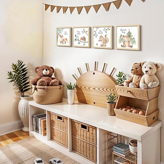ArtbyHannah Framed Woodland Nursery Wall Decor, 8x8 Inch Cute Baby Safari Wall Art, Green Kids Art Frame with Forest Animals Prints for Playroom Classroom Bathroom Baby Shower Decoration(4 Pack)