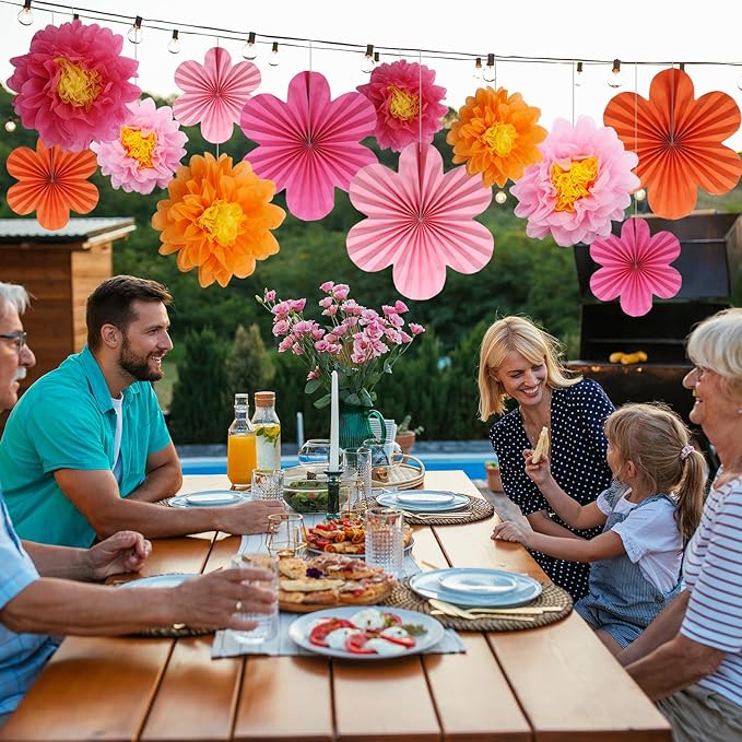 BestoFun 12PCS Paper Flowers Fans Orange and Hot Pink Party Decorations Tissue Paper Flowers Decorations for Girl Groovy Birthday Baby Shower Wedding Bachelorette Room Wall Hanging Décor