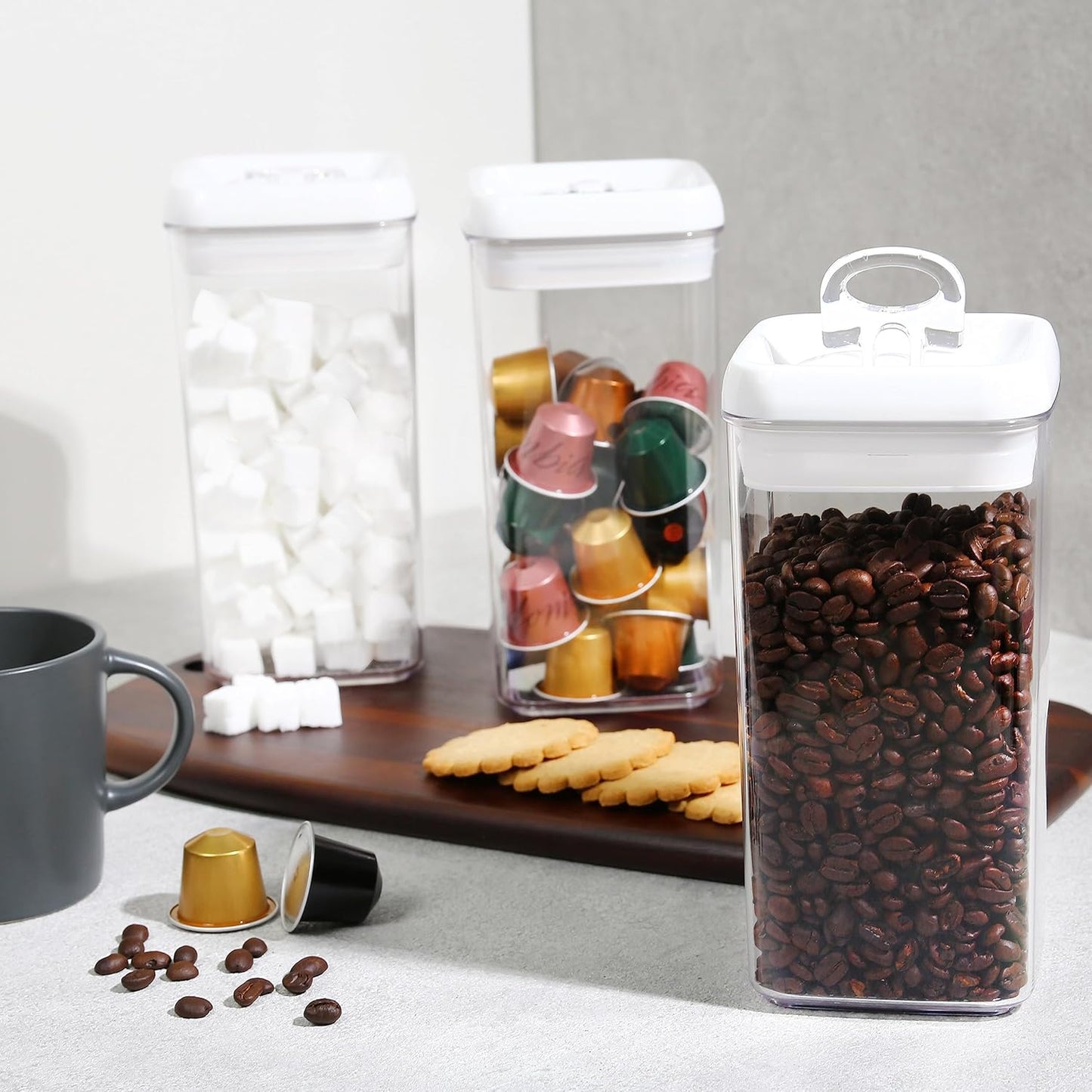 Felli Flip Tite Food Storage Container with Lid Airtight 4" Ring Seal Flip Top, Stackable Acrylic Canister Jar for Pantry Kitchen Counter, Snack Coffee Bean Granola Pet Treats Cracker Holder (1.3 qt)