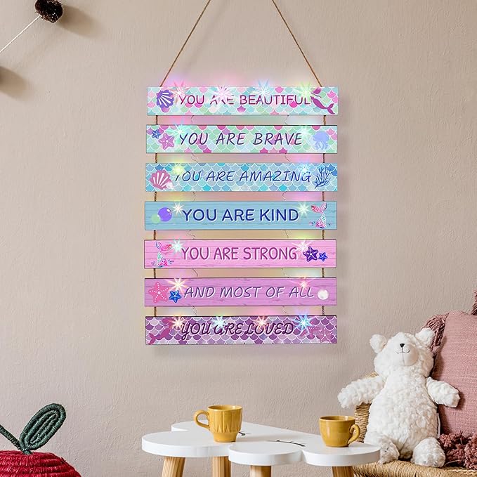 FIOBEE Girls Room Décor for Teen Girls Boys with LED Light Wall Decor for Bedroom Motivational Inspirational Wall Art Room Decoration for Kids Studyroom, 8 Kinds of Lights, Pink Green Mermaid