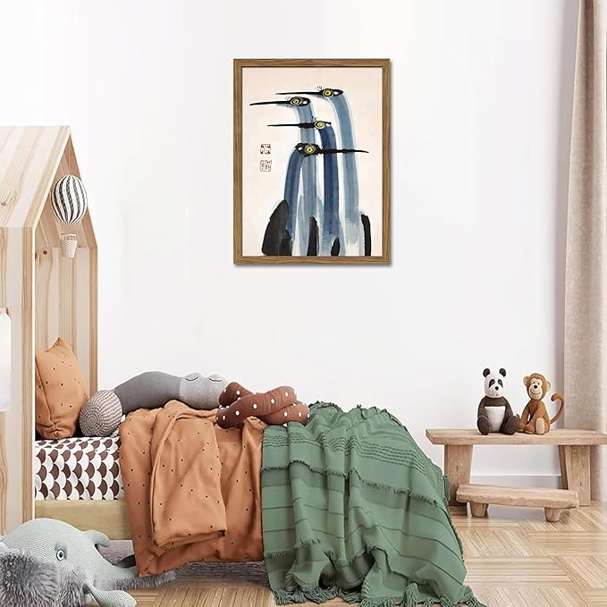 Framed Vintage Canvas Wall Art, Elegant Ink Cranes Painting, Antique Watercolor Prints, Classic Chinese Style Bird Artwork, Farmhouse Wall Decor for Living Room Study Office – 8x10 inch