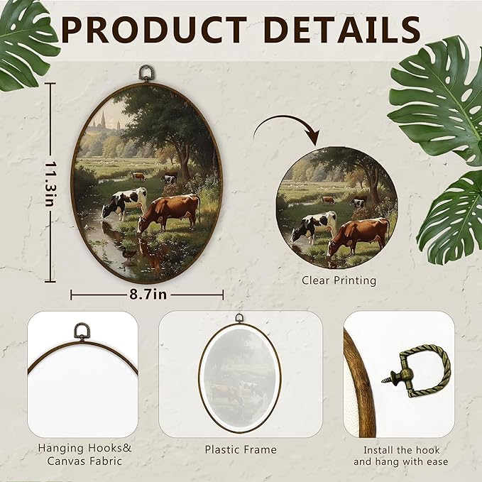 Gnmduw Vintage Cow Landscape Oval Wall Art Framed, Rustic Farmhouse Cow Scene Canvas Prints Hanging Decor, Cottage Rustic Farm Animal Wall Decor for Barn Cabin Bedroom Living Room, 8.7x11.3 Inch