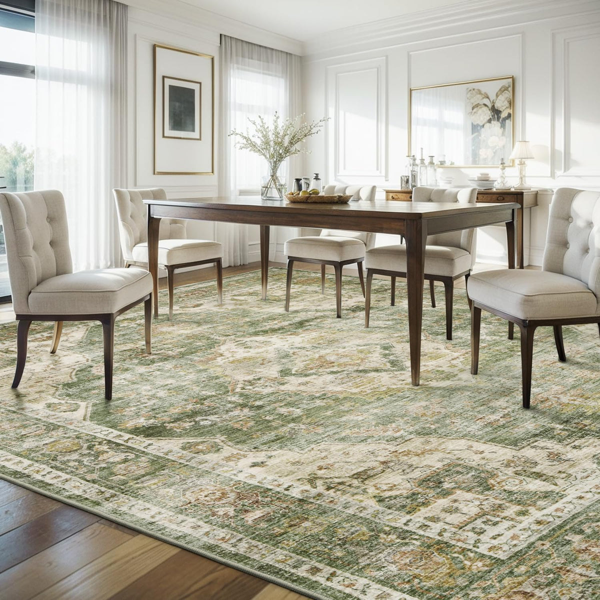 AMOAMI Vintage Soft Green Area Rug - 9x12, Non-Slip, Washable for Living Room, Bedroom, Dining Room, Office