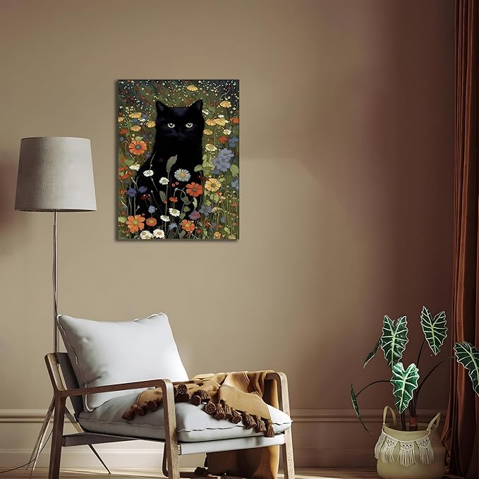 Framed Cat Canvas Wall Art, Funny Black Cat Picture Wall Decor, Animal In Garden Flowers Prints Poster for Bathroom Bedroom Living Room Gallery Decor 12x16 inch