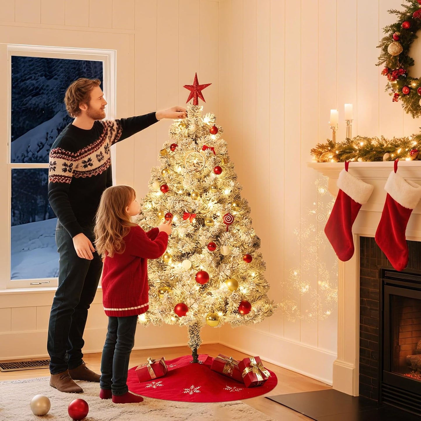 GarveeHome 4.5ft Prelit Artificial Christmas Tree with Warm White Lights, Snow Flocked Full Xmas Tree with 318 Branch Tips, 100 LED Lights & Foldable Stand, Green & White Christmas Decorations