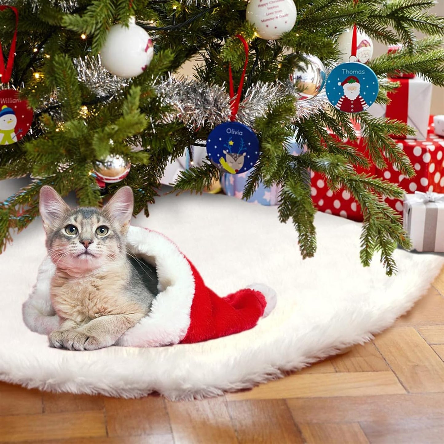 AerWo Christmas Tree 60 inches White Plush Skirt Decoration for Merry Christmas Party, High-End Soft Classic Fluffy Faux Fur Christmas Tree Skirt Decorations for Xmas Tree Decorations and Ornaments