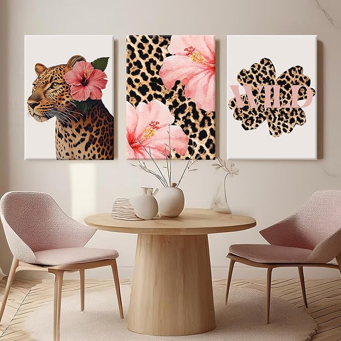 Trendy Leopard Wall Art Pink Cheetah Print Room Decor Leopard Flower Canvas Wall Decor Cheetah Aesthetic Poster Girly Pink Preppy Picture Funky Y2k Artwork for Girl Bedroom 16x24x3 Inch Wrapped Canvas
